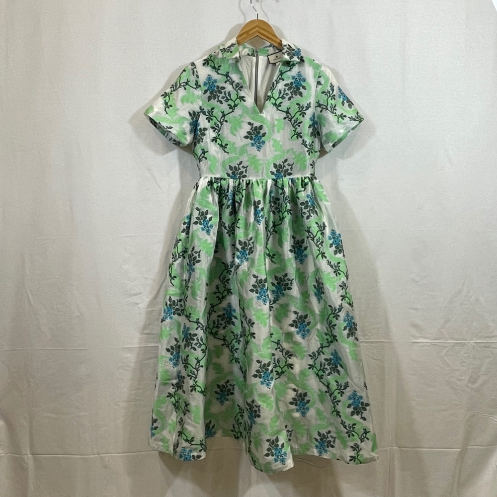 RARE Tuckernuck dress green vines blue flowers jacquard silver sheen like new S